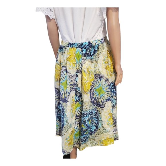 Serengeti Sz L Yellow Blues Floral Pull on Elastic Midi Skirt Cotton Unlined - Picture 4 of 7